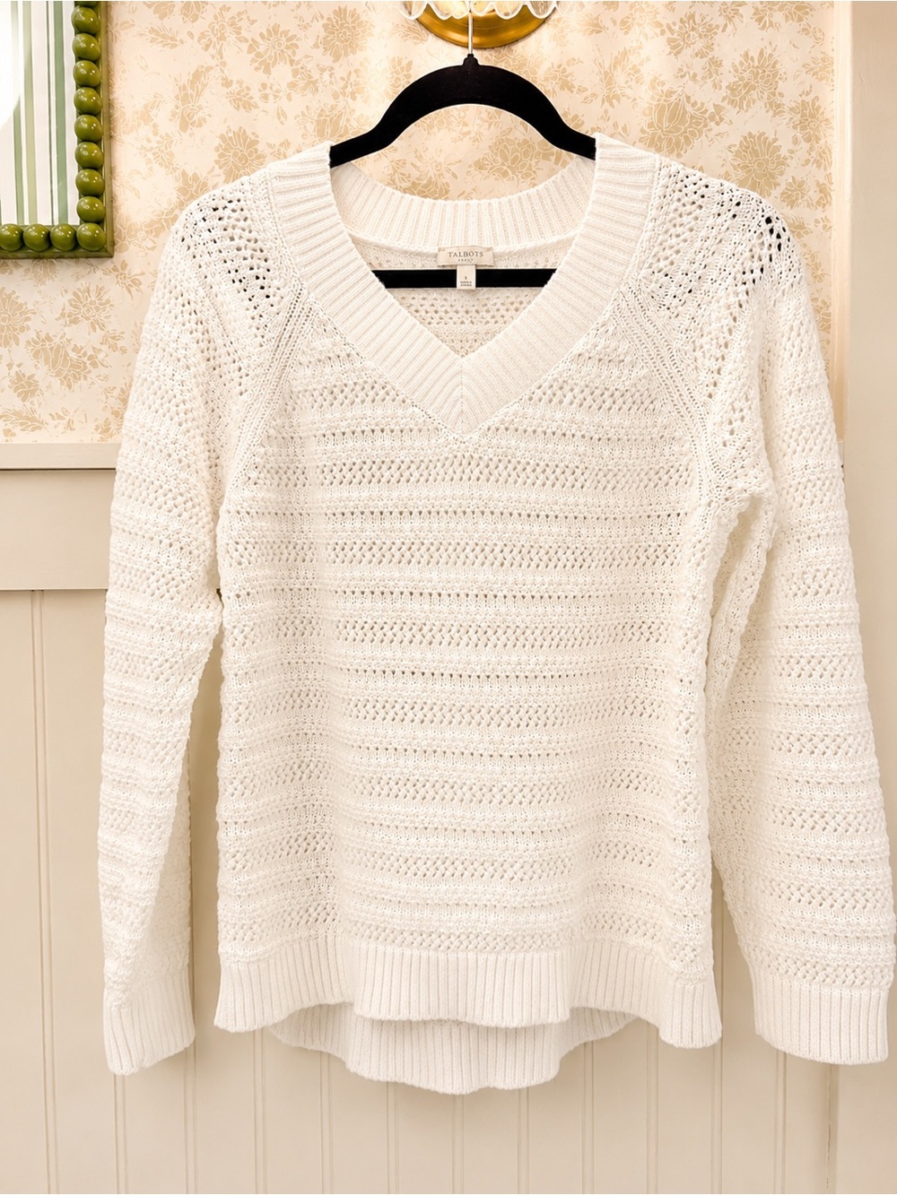 Talbots Cream Open-Weave V-Neck Sweater